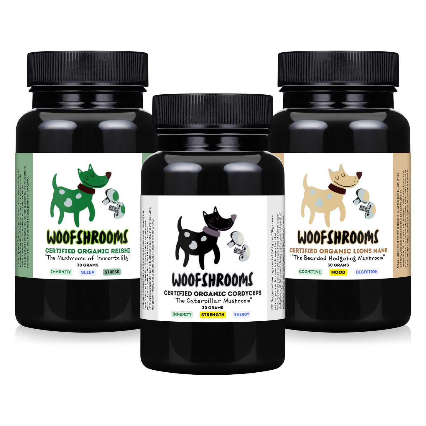Three cans of natural mushroom supplements containing Reishi, Cordyceps, and Lion's Mane mushrooms.
