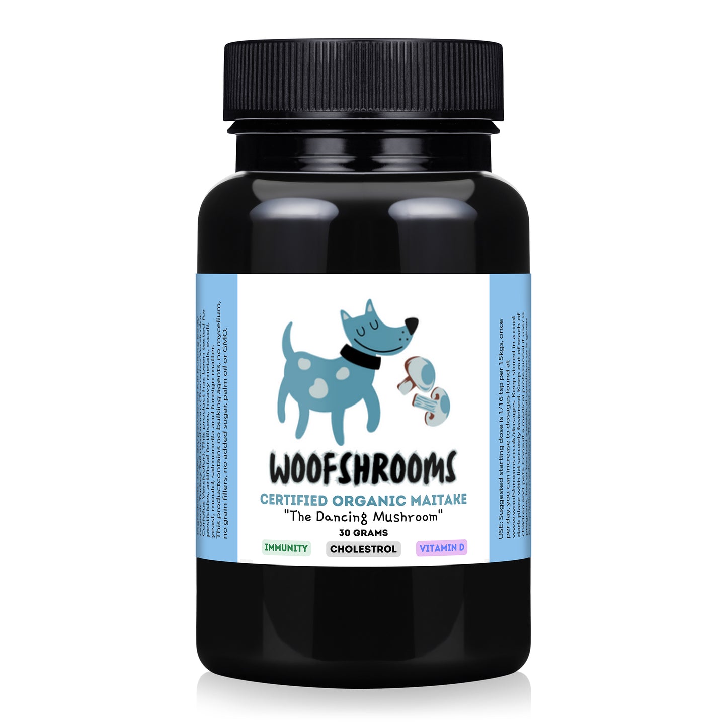 Organic Maitake mushroom powder with benefits for dogs.