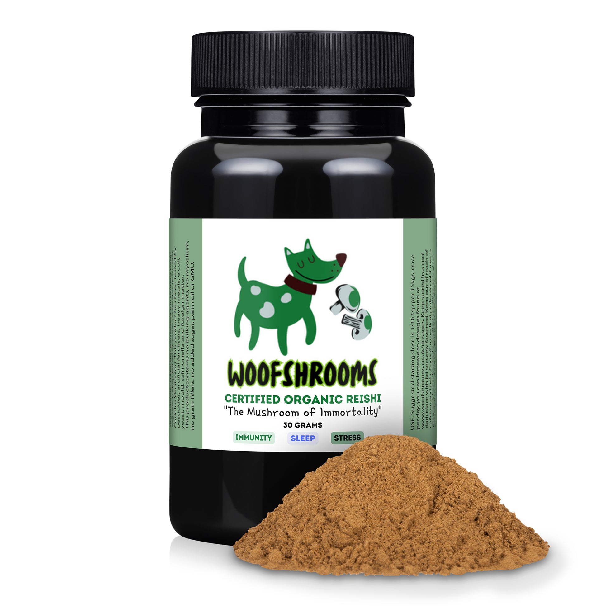 Reishi supplement for dogs that promotes sleep and helps with anxiety.
